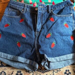 SHEIN Blue Denim Shorts with Strawberry Embroidery